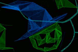 Screenshot of Ingress showing a map view of a green jack-o-lantern with a blue witch hat