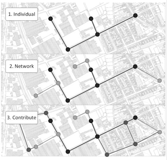 Three networks in the same city area with an increasing number of nodes and details