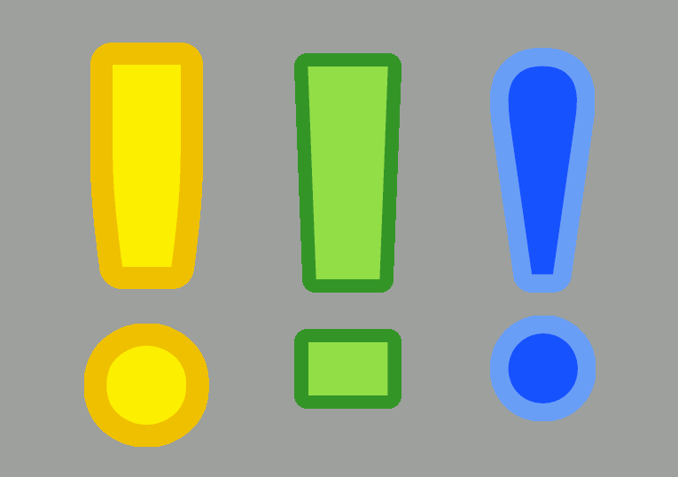 Three bright exclamation marks in yellow, green and blue
