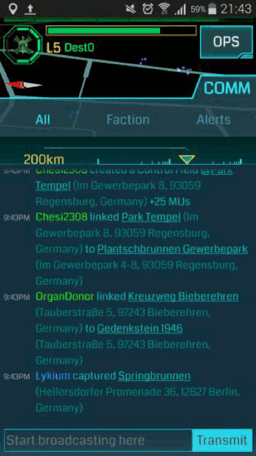 Screenshot of Ingress showing colorful game elements