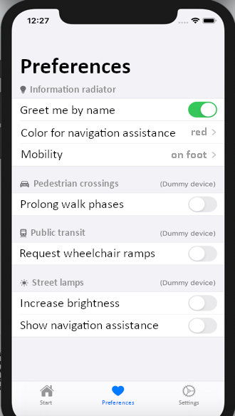 Prototype of a profile configuration screen for editing personal preferences