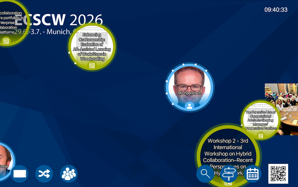 Screenshot of a CommunityMirror flow view. A number of round information objects with different colored borders are shown on top of a dark blue background.