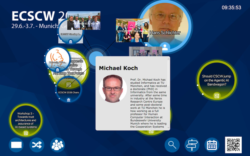 Screenshot of a CommunityMirror flow view with one object expanded. The object labeled Michael Koch of type Person is shown enlarged, with extended text, and with five associated information objects branching off of it connected by lines.