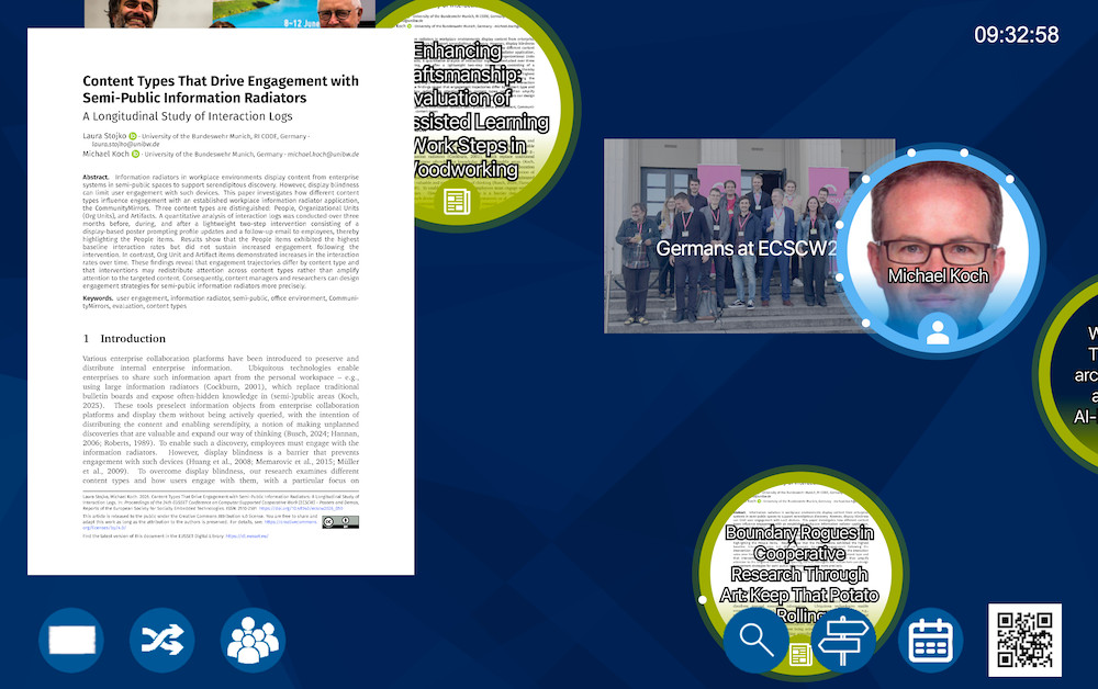 Screenshot of a CommunityMirror flow view with a teaser image. It looks similar to Figure 1, except the left third is taken up by a full first page image of an academic publication.
