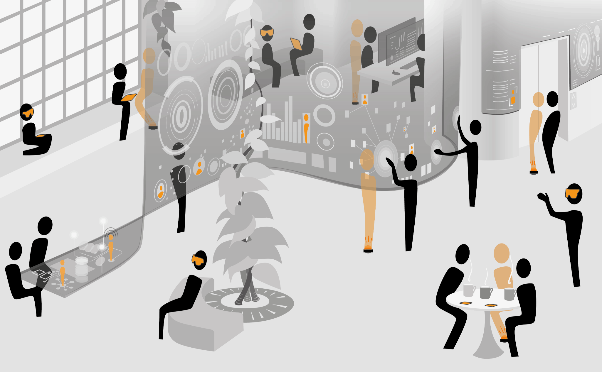 Stylized illustration of a future office environment with people working alone and in groups, using a variety of visualization and interaction technology including large screens, interactive walls, smart glasses, phones, and laptops.