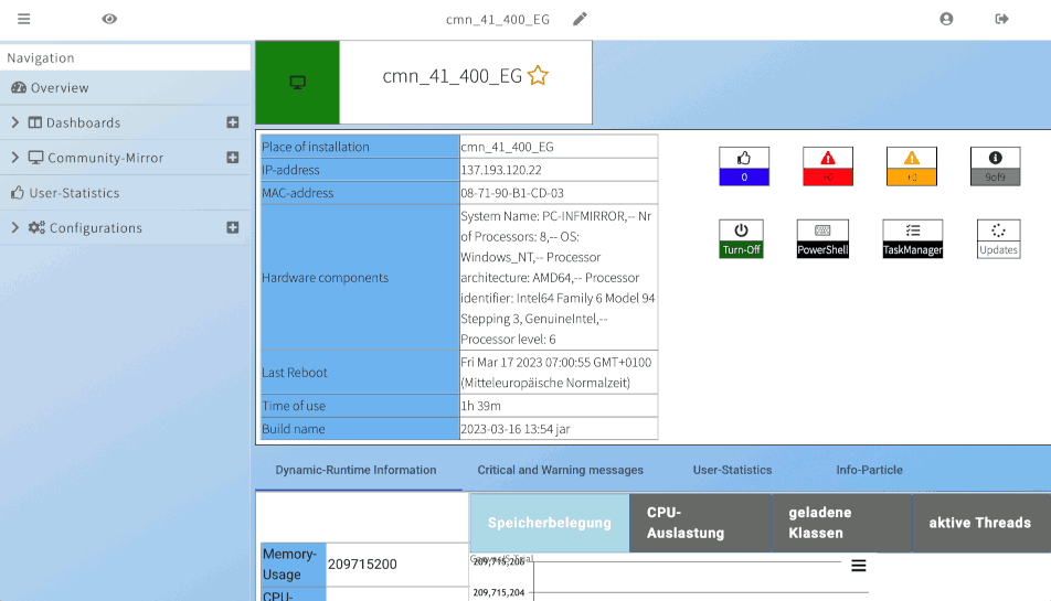 A typical management dashboard with a selection menu on the left and various diagnostic information for the selected device on the right.
