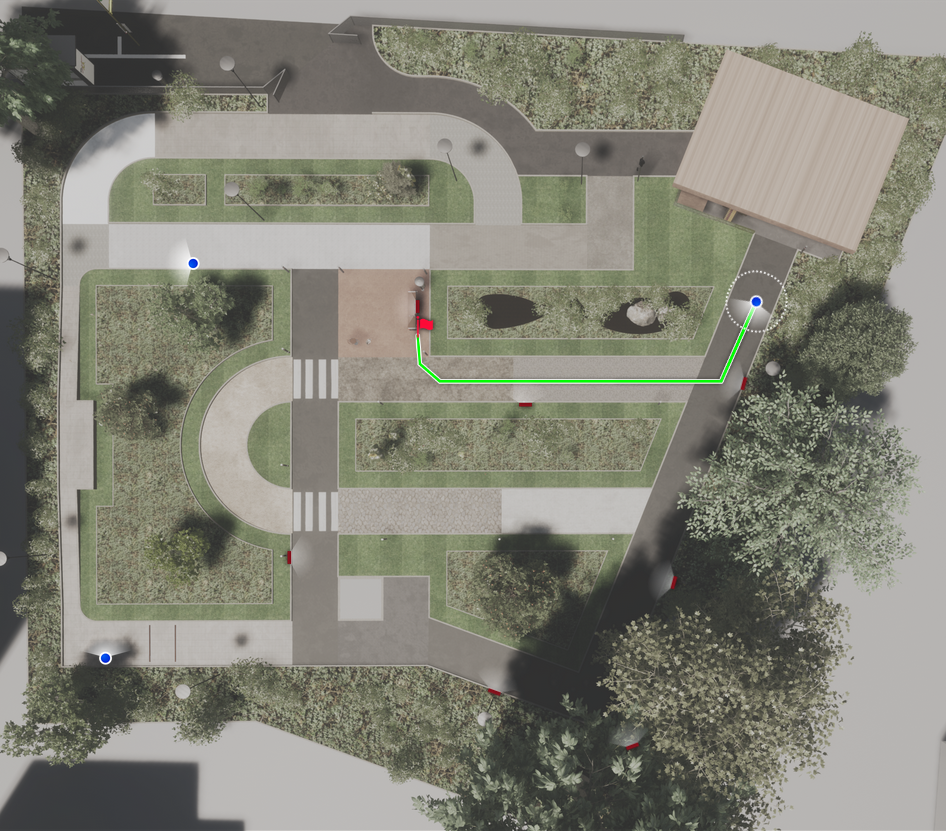Simulation von drei Personen und sieben Mikro-Informationsstrahlern im Senioren-Scooter-Park (Virtuelle Draufsicht: DRESO)