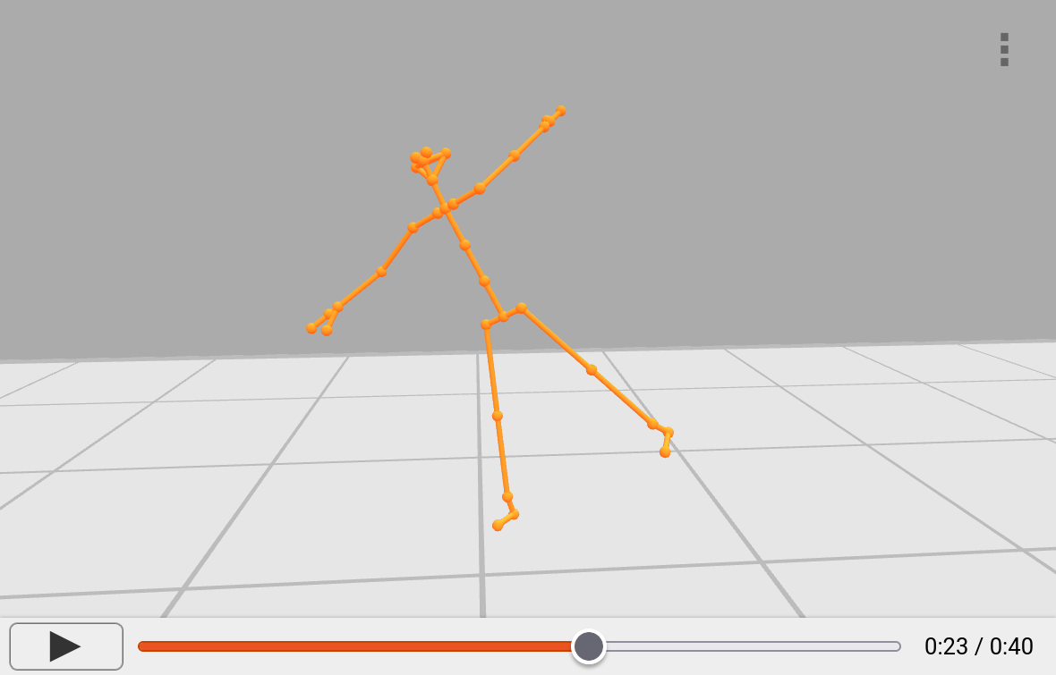 Screenshot of the PoseViz software. A body tracking recording is being played in which a person is balancing on one leg. At the bottom of the screen, there is a play progress bar with a play button on the left and a time stamp showing “0:23 / 0:40” on the right. Three dots in a vertical order are displayed in the top right corner.