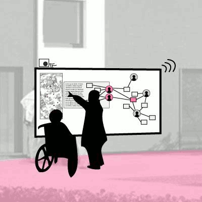 Rollstuhlfahrer und Fußgänger betrachten Informationstafel