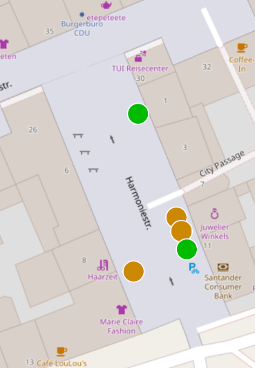 Mobile Schnitzeljagd-Karte mit eingezeichneten SSO-Demonstratoren, hier am Harmonieplatz