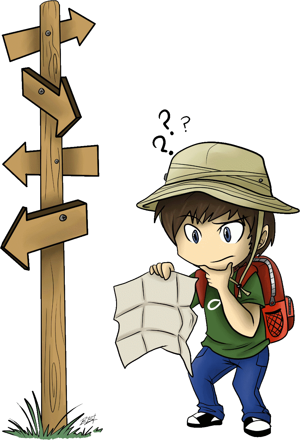 Illustration of man standing in front of signpost, holding a map and looking confused
