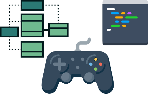 Abstract icons for a UML diagram, some program code, and a game controller