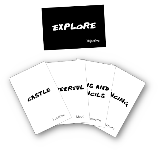 Game Idea Game image consisting of an objective card and four white cards